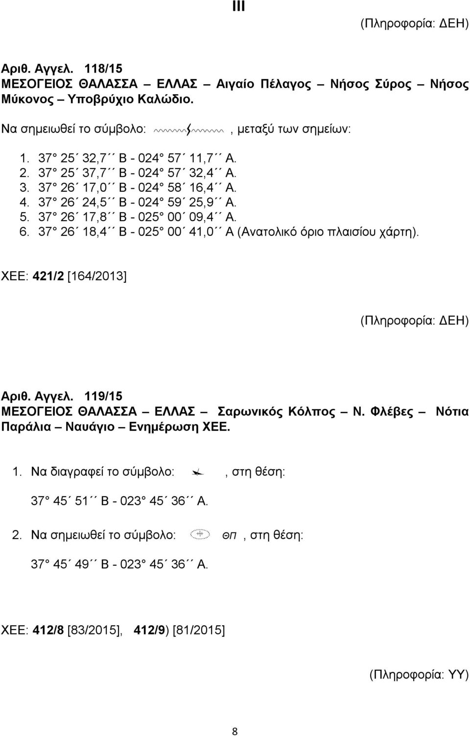 37 26 18,4 B - 025 00 41,0 A (Ανατολικό όριο πλαισίου χάρτη). ΧΕΕ: 421/2 [164/2013] (Πληροφορία: ΔΕΗ) Αριθ. Αγγελ. 119/15 ΜΕΣΟΓΕΙΟΣ ΘΑΛΑΣΣΑ ΕΛΛΑΣ Σαρωνικός Κόλπος Ν.