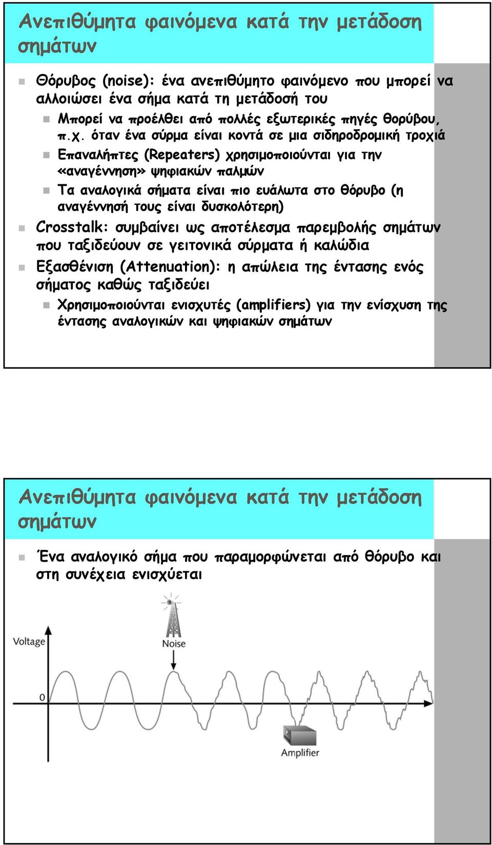 όταν ένα σύρµα είναι κοντά σε µια σιδηροδροµική τροχιά Επαναλήπτες (Repeaters) χρησιµοποιούνται για την «αναγέννηση» ψηφιακών παλµών Τα αναλογικά σήµατα είναι πιο ευάλωτα στο θόρυβο (η αναγέννησή