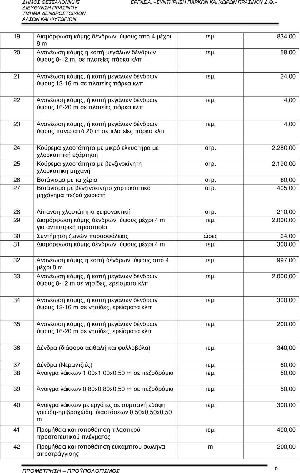 4,00 τεµ. 4,00 24 Κούρεµα χλοοτάπητα µε µικρό ελκυστήρα µε χλοοκοπτική εξάρτηση 25 Κούρεµα χλοοτάπητα µε βενζινοκίνητη χλοοκοπική µηχανή στρ. 2.280,00 στρ. 2.190,00 26 Βοτάνισµα µε τα χέρια στρ.