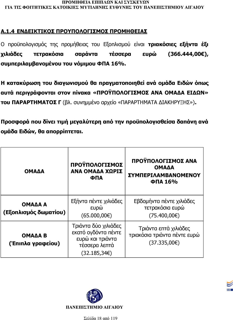 Η κατακύρωση του διαγωνισμού θα πραγματοποιηθεί ανά ομάδα Ειδών όπως αυτά περιγράφονται στον πίνακα «ΠΡΟΫΠΟΛΟΓΙΣΜΟΣ ΑΝΑ ΟΜΑΔΑ ΕΙΔΩΝ» του ΠΑΡΑΡΤΗΜΑΤΟΣ Γ (βλ. συνημμένο αρχείο «ΠΑΡΑΡΤΗΜΑΤΑ ΔΙΑΚΗΡΥΞΗΣ»).