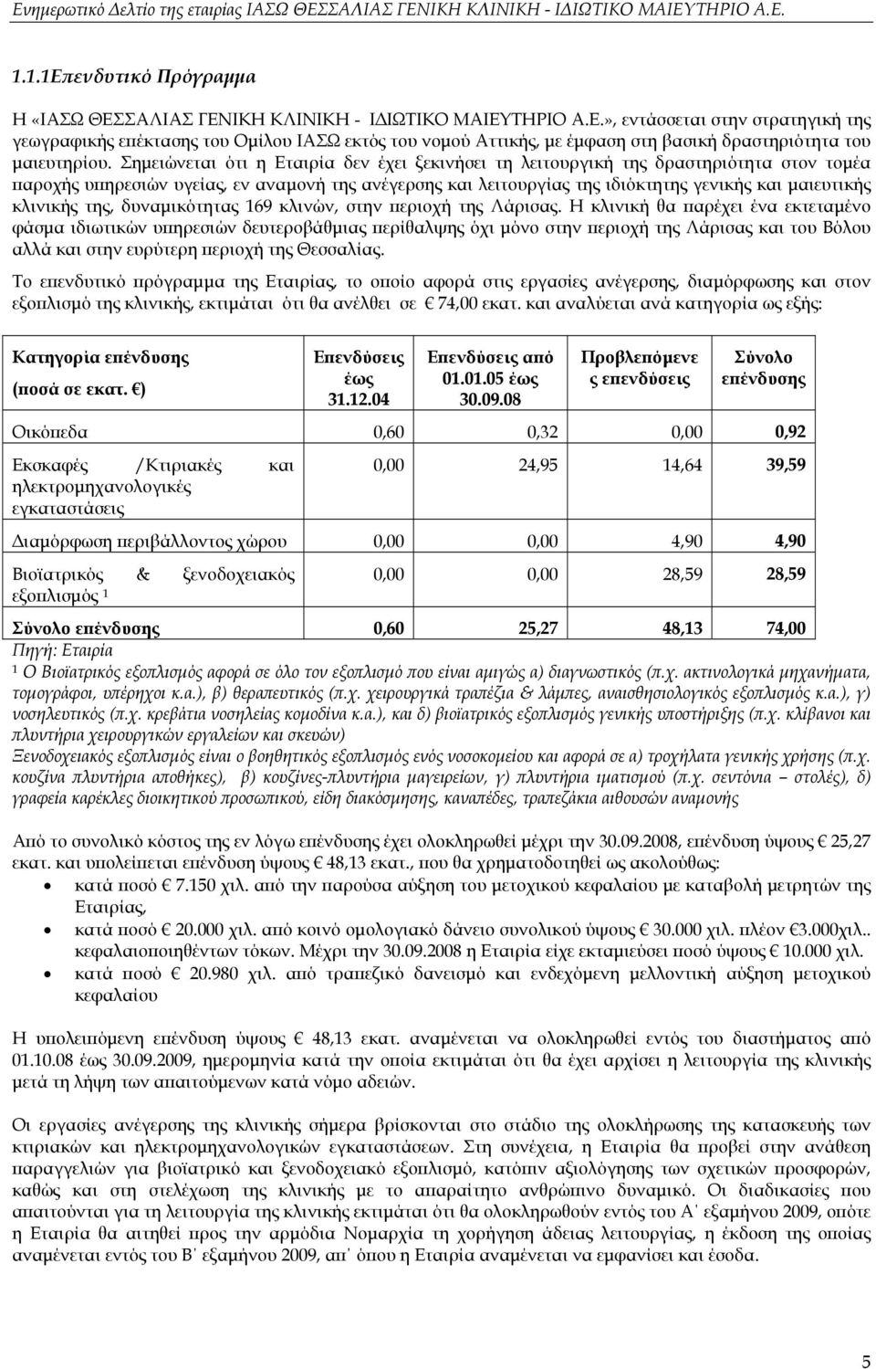 κλινικής της, δυναμικότητας 169 κλινών, στην περιοχή της Λάρισας.