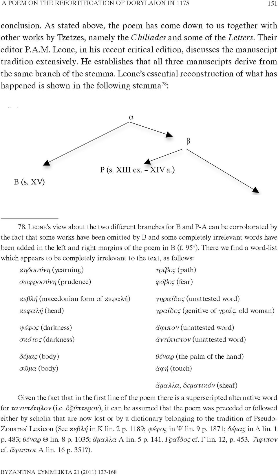 Leone s essential reconstruction of what has happened is shown in the following stemma 78 : 78.