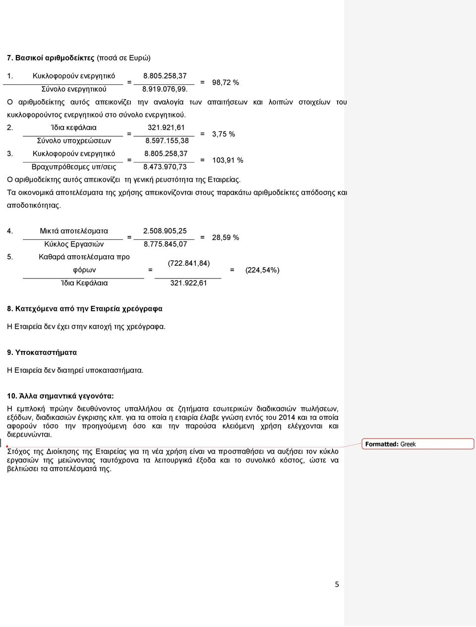 597.155,38 = 3,75 % 3. Κπθινθνξνχλ ελεξγεηηθφ 8.805.258,37 = Βξαρππξφζεζκεο ππ/ζεηο 8.473.970,73 = 103,91 % Ο αξηζκνδείθηεο απηφο απεηθνλίδεη ηε γεληθή ξεπζηφηεηα ηεο Δηαηξείαο.