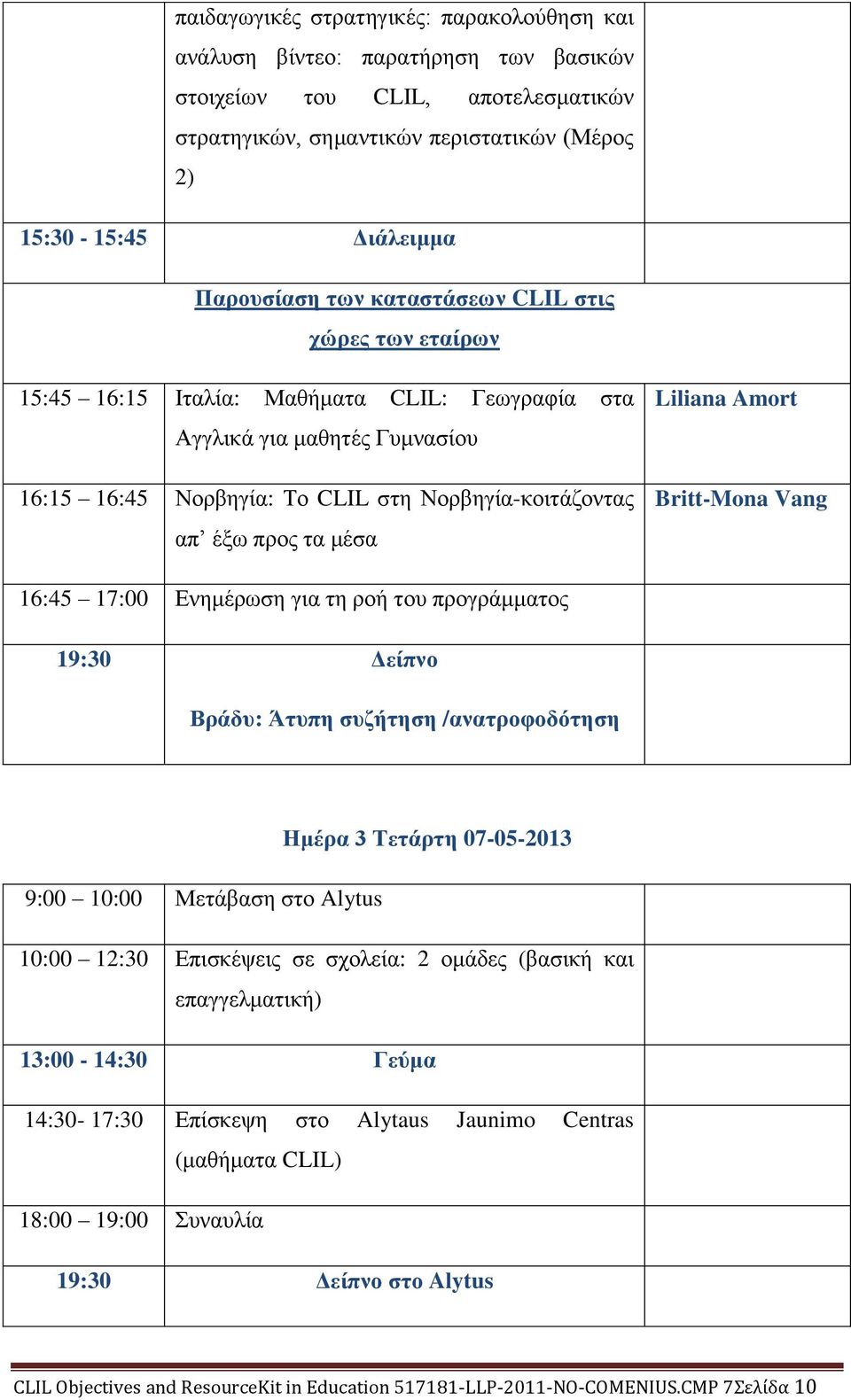 Liliana Amort Britt-Mona Vang 16:45 17:00 Ενημέρωση για τη ροή του προγράμματος 19:30 Δείπνο Βράδυ: Άτυπη συζήτηση /ανατροφοδότηση Ημέρα 3 Τετάρτη 07-05-2013 9:00 10:00 Μετάβαση στο Alytus 10:00