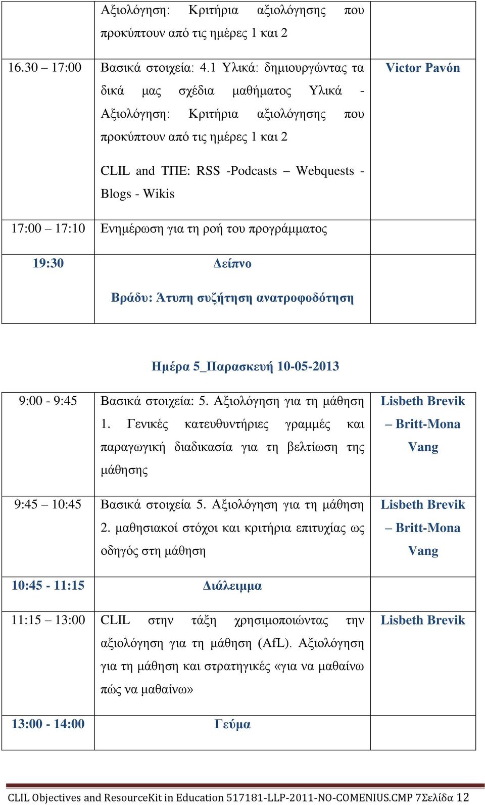 17:00 17:10 Ενημέρωση για τη ροή του προγράμματος 19:30 Δείπνο Βράδυ: Άτυπη συζήτηση ανατροφοδότηση Ημέρα 5_Παρασκευή 10-05-2013 9:00-9:45 Βασικά στοιχεία: 5. Αξιολόγηση για τη μάθηση 1.