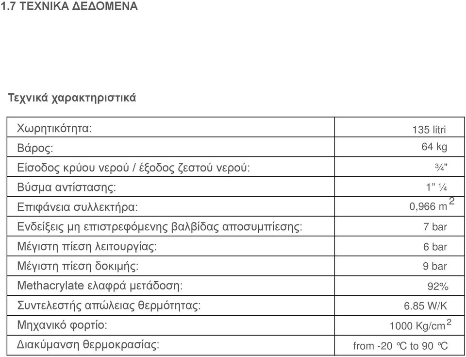 λειτουργίας: Μέγιστη πίεση δοκιμής: Methacrylate ελαφρά μετάδοση: Συντελεστής απώλειας θερμότητας: Μηχανικό