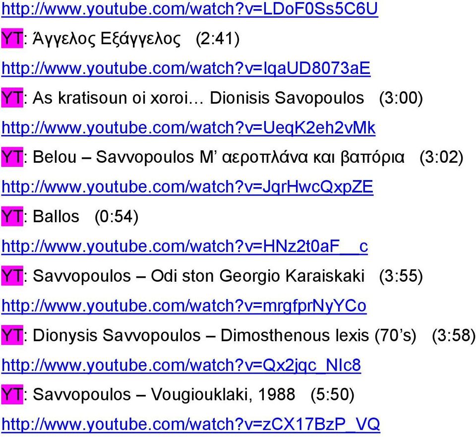 youtube.com/watch?v=hnz2t0af c YT: Savvopoulos Odi ston Georgio Karaiskaki (3:55) http://www.youtube.com/watch?v=mrgfprnyyco YT: Dionysis Savvopoulos Dimosthenous lexis (70 s) (3:58) http://www.