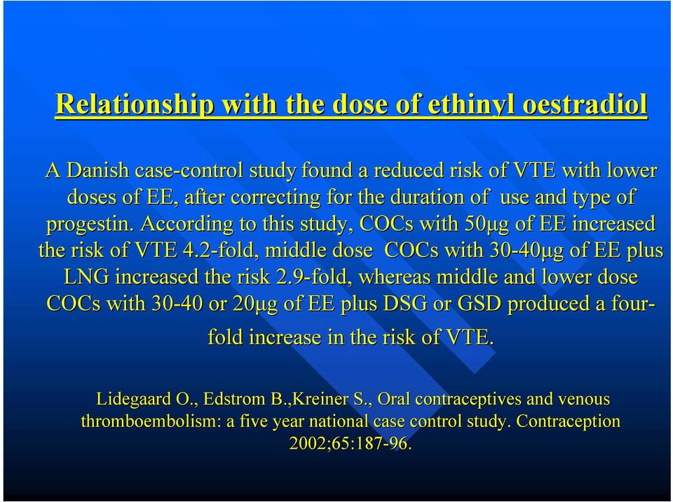 2-fold, middle dose COCs with 30-40 40μg g of EE plus LNG increased the risk 2.