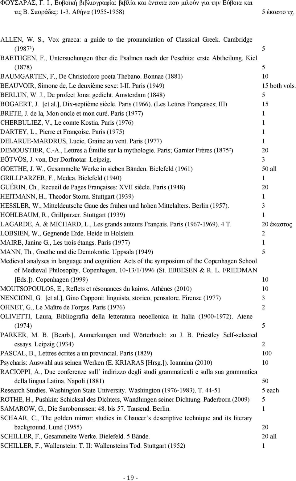 , De Christodoro poeta Thebano. Bonnae (1881) 10 BEAUVOIR, Simone de, Le deuxième sexe: I-II. Paris (1949) 15 both vols. BERLIJN, W. J., De profeet Jona: gedicht. Amsterdam (1848) 5 BOGAERT, J.