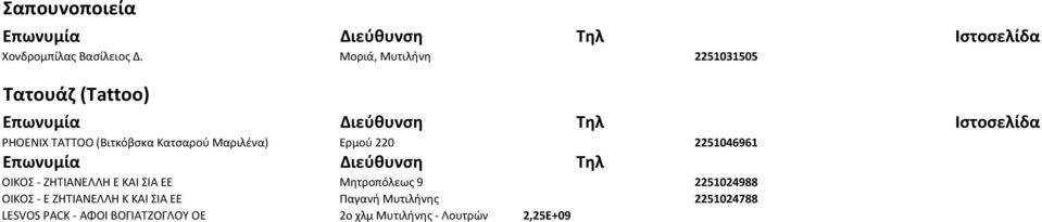 Ερμού 220 2251046961 Επωνυμία Διεύθυνση Τηλ ΟΙΚΟΣ - ΖΗΤΙΑΝΕΛΛΗ Ε ΚΑΙ ΣΙΑ ΕΕ Μητροπόλεως 9