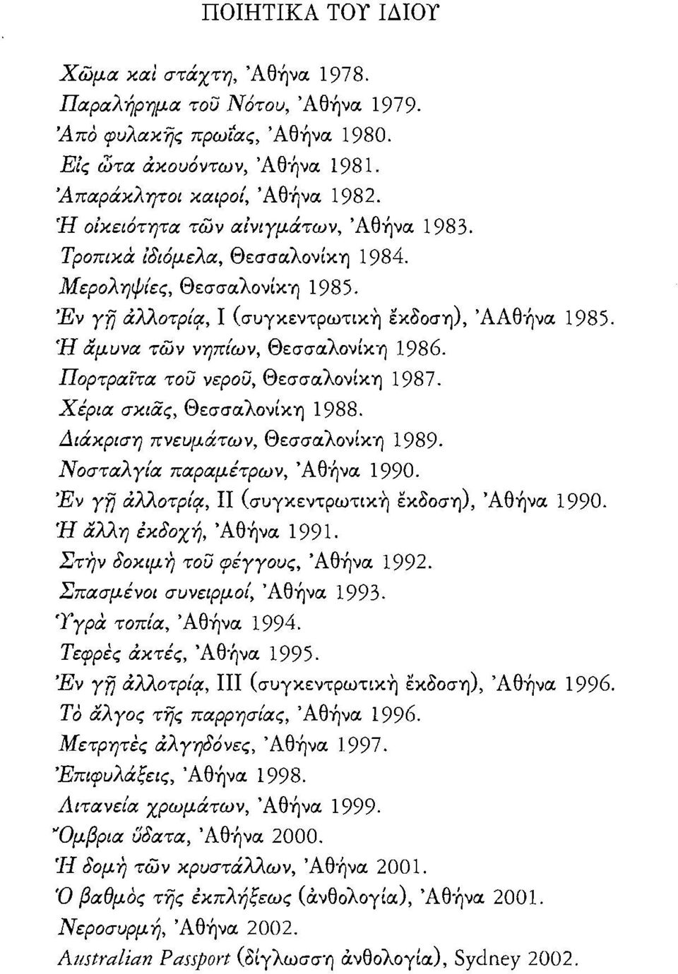 Ή αμυνα των νηπίων, Θεσσαλονίκη 1986. Πορτραίτα του νερου, Θεσσαλονίκη 1987. Χέρια σκιας, Θεσσαλονίκη 1988. Διάκριση πνευμάτων, Θεσσαλονίκη 1989. ΝοσταλΥία παραμέτρων, Άθ ήνα 1990. Έν yij άλλοτρίq.