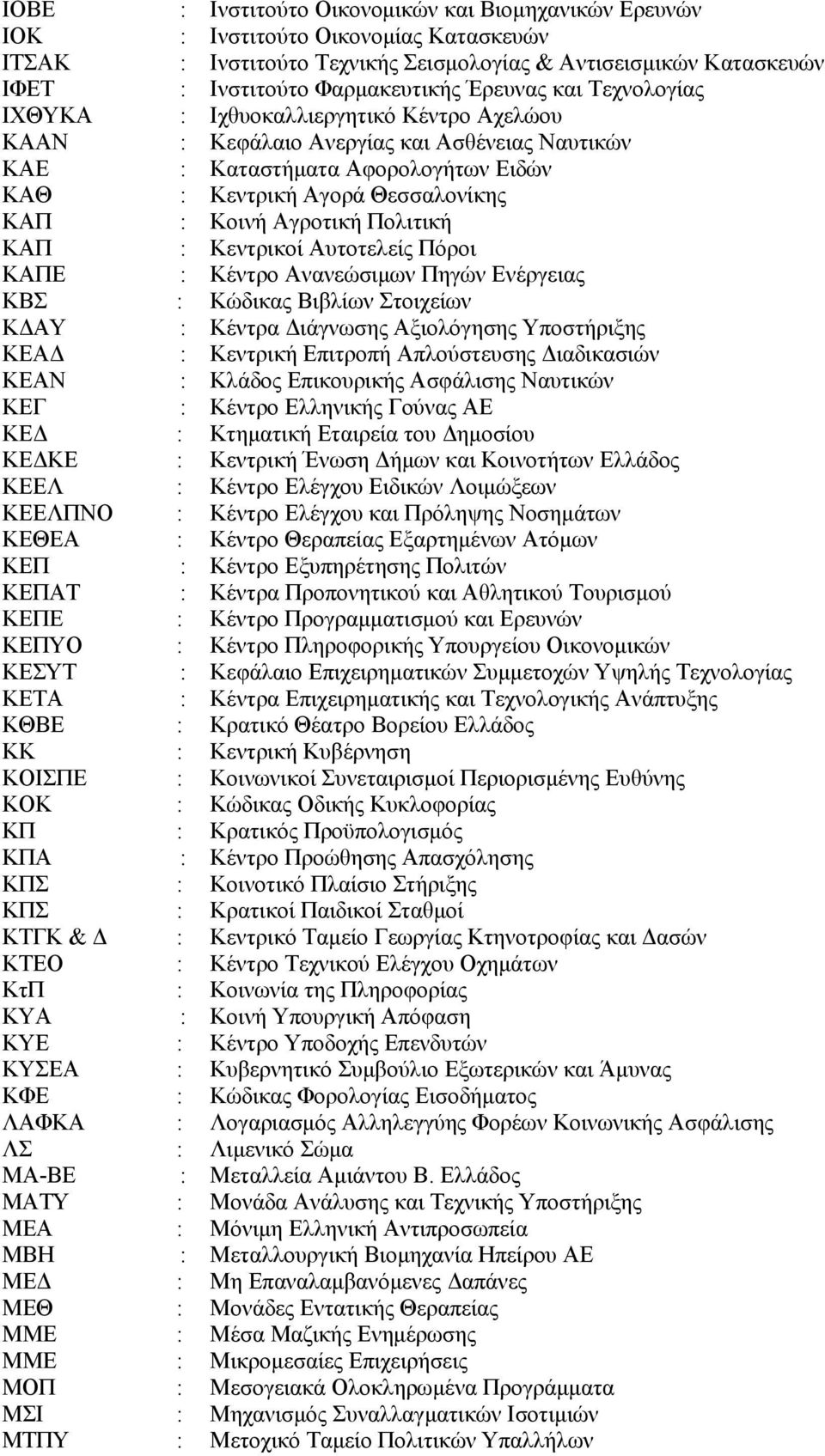 Αγροτική Πολιτική ΚΑΠ : Κεντρικοί Αυτοτελείς Πόροι ΚΑΠΕ : Κέντρο Ανανεώσιμων Πηγών Ενέργειας ΚΒΣ : Κώδικας Βιβλίων Στοιχείων ΚΔΑΥ : Κέντρα Διάγνωσης Αξιολόγησης Υποστήριξης ΚΕΑΔ : Κεντρική Επιτροπή