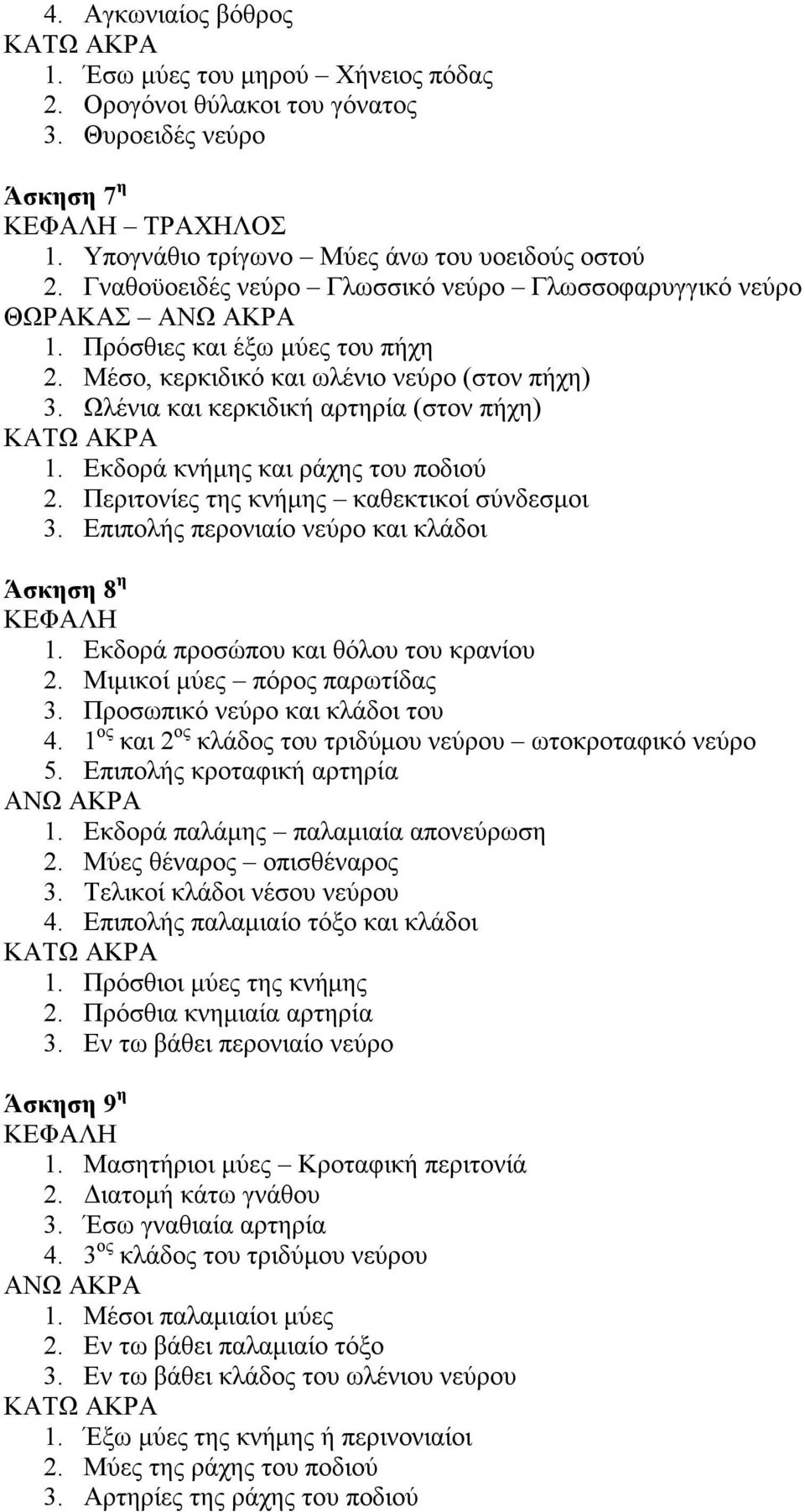 Εκδορά κνήµης και ράχης του ποδιού 2. Περιτονίες της κνήµης καθεκτικοί σύνδεσµοι 3. Επιπολής περονιαίο νεύρο και κλάδοι Άσκηση 8 η 1. Εκδορά προσώπου και θόλου του κρανίου 2.