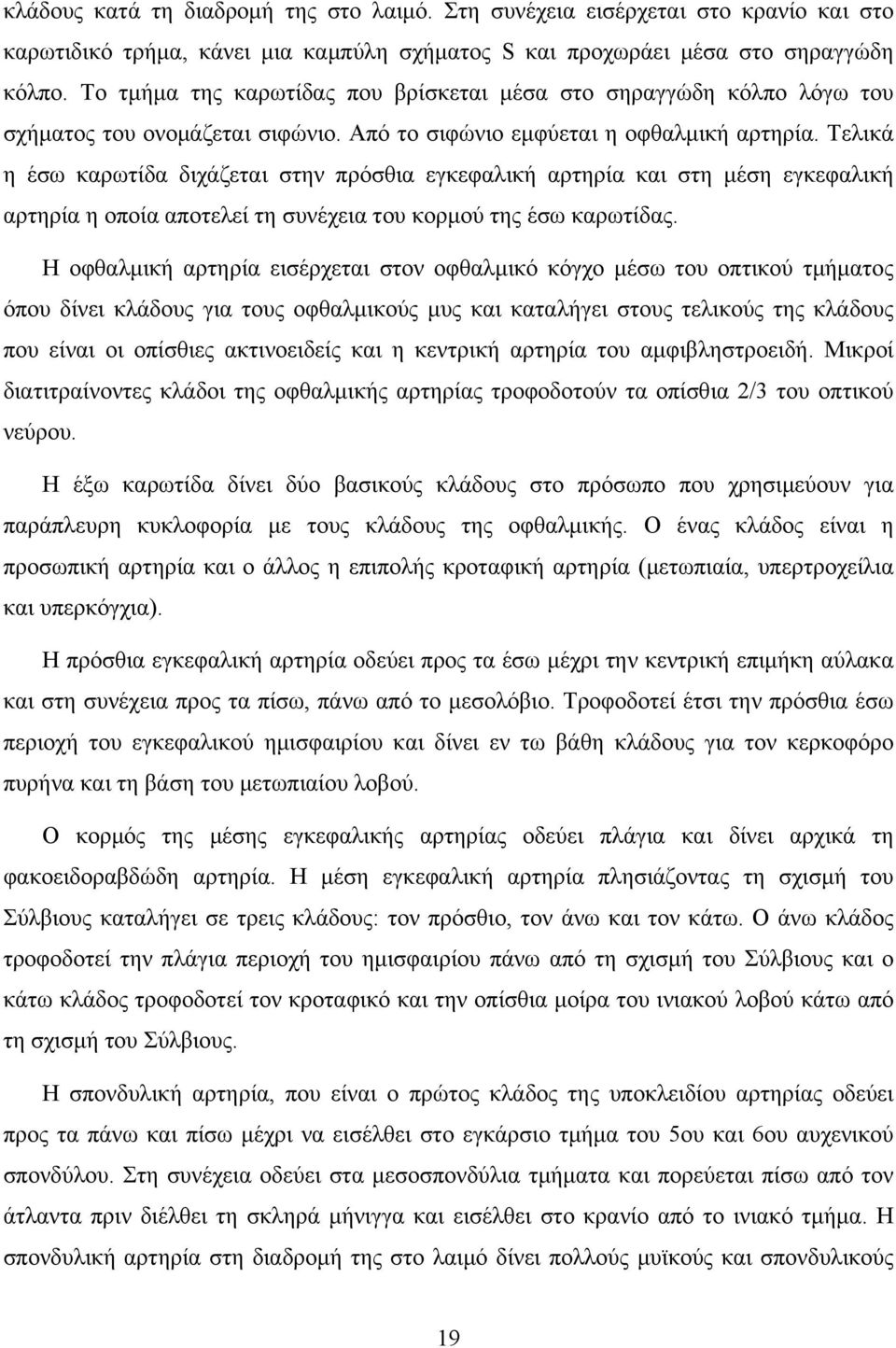 Τελικά η έσω καρωτίδα διχάζεται στην πρόσθια εγκεφαλική αρτηρία και στη μέση εγκεφαλική αρτηρία η οποία αποτελεί τη συνέχεια του κορμού της έσω καρωτίδας.
