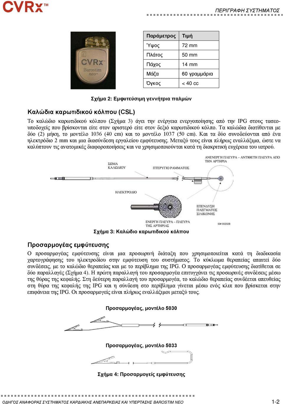 Τα καλώδια διατίθενται με δύο (2) μήκη, το μοντέλο 1036 (40 cm) και το μοντέλο 1037 (50 cm). Και τα δύο συνοδεύονται από ένα ηλεκτρόδιο 2 mm και μια διασύνδεση εργαλείου εμφύτευσης.