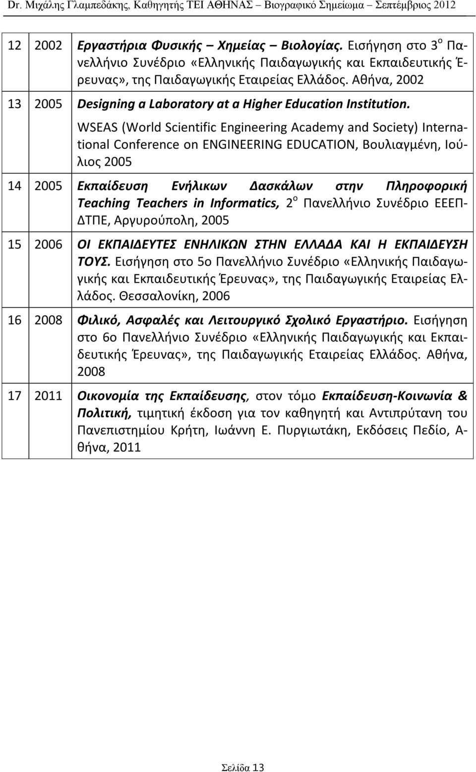 WSEAS (World Scientific Engineering Academy and Society) International Conference on ENGINEERING EDUCATION, Βουλιαγμένη, Ιούλιος 2005 14 2005 Εκπαίδευση Ενήλικων Δασκάλων στην Πληροφορική Teaching