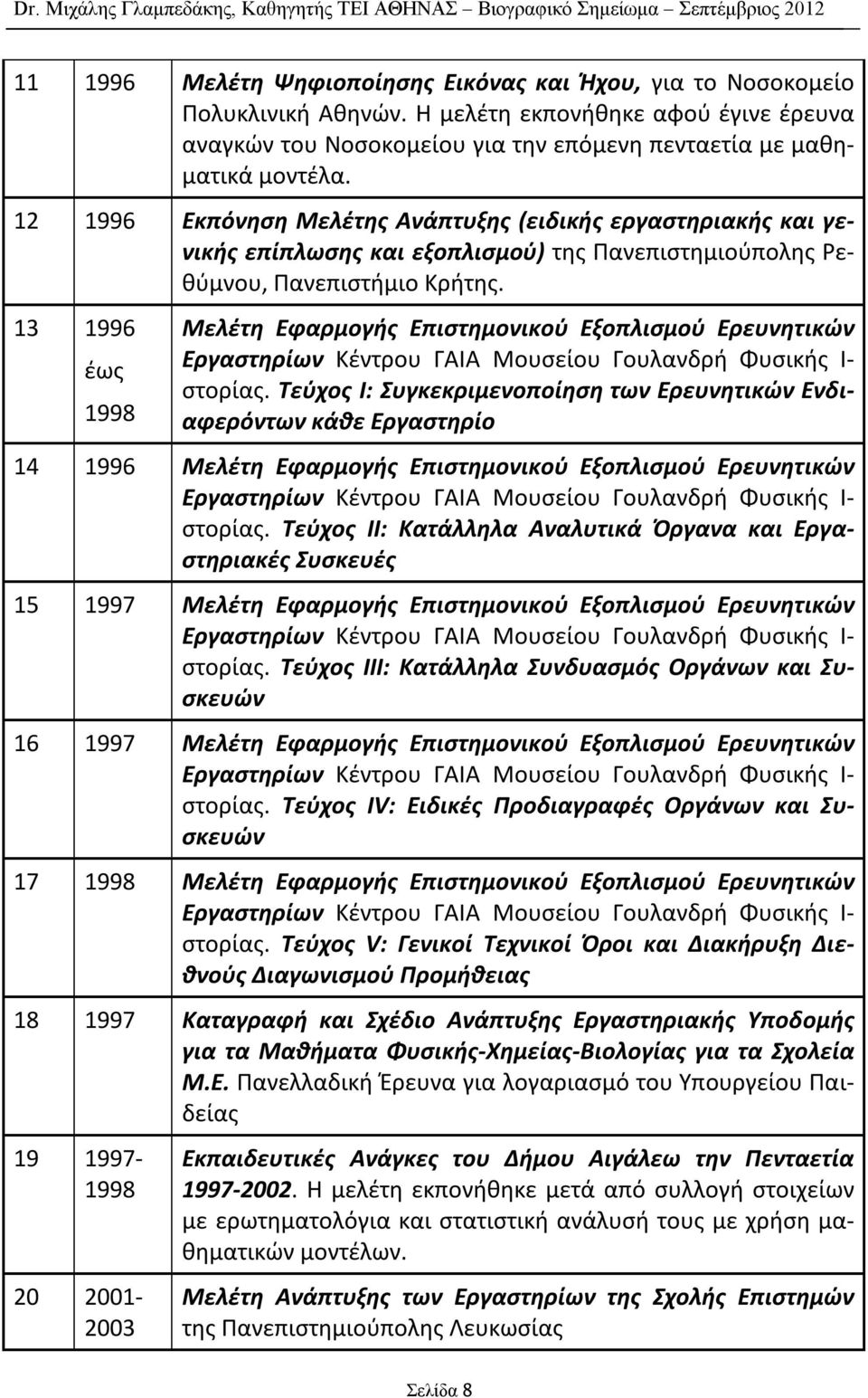 13 1996 έως 1998 Μελέτη Εφαρμογής Επιστημονικού Εξοπλισμού Ερευνητικών Εργαστηρίων Κέντρου ΓΑΙΑ Μουσείου Γουλανδρή Φυσικής Ι- στορίας.