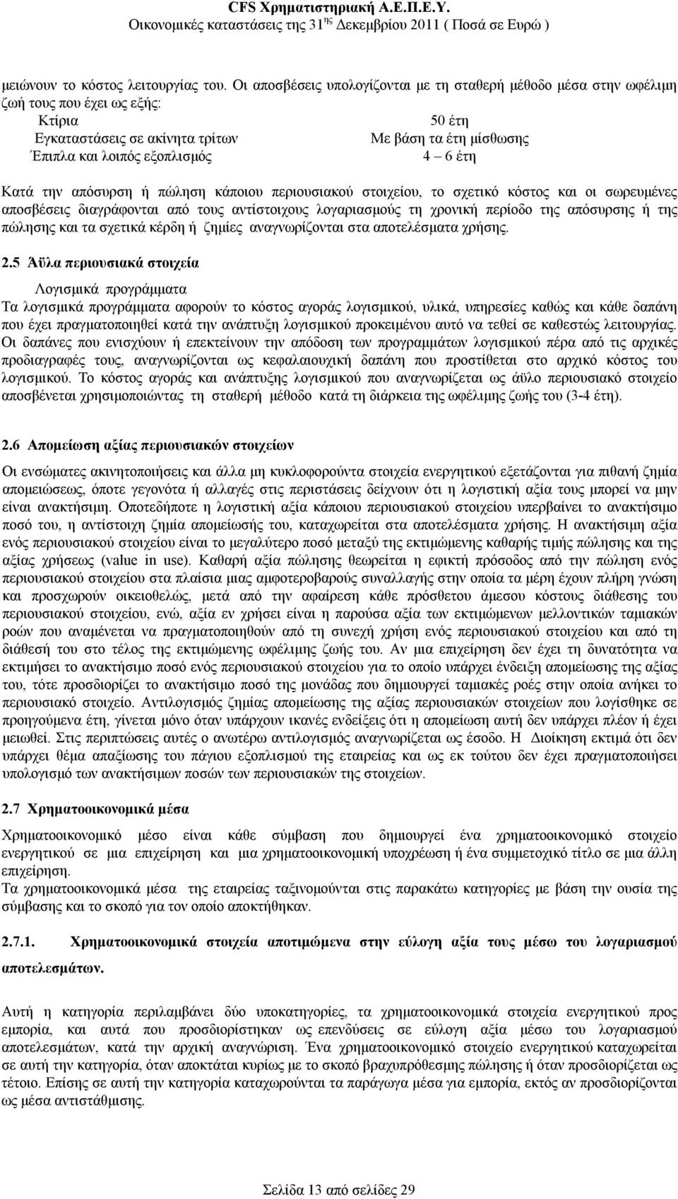 έτη Κατά την απόσυρση ή πώληση κάποιου περιουσιακού στοιχείου, το σχετικό κόστος και οι σωρευμένες αποσβέσεις διαγράφονται από τους αντίστοιχους λογαριασμούς τη χρονική περίοδο της απόσυρσης ή της