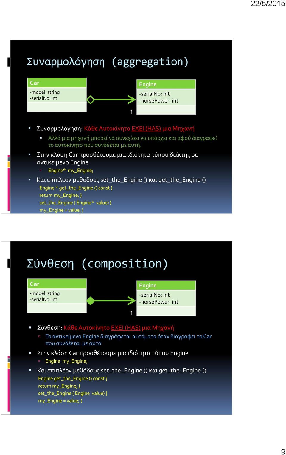 την κλάςη Car προςθέτουμε μια ιδιότητα τύπου δείκτησ ςε αντικείμενο Engine Engine* my_engine; Και επιπλέον μεθόδουσ set_the_engine () και get_the_engine () Engine * get_the_engine () const { return