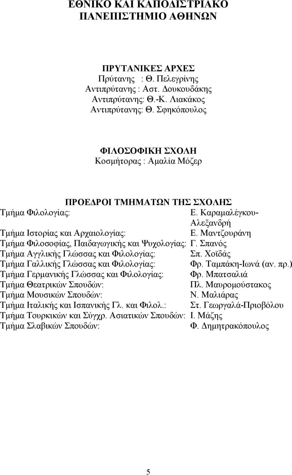 Μαντζουράνη Τμήμα Φιλοσοφίας, Παιδαγωγικής και Ψυχολογίας: Γ. Σπανός Τμήμα Αγγλικής Γλώσσας και Φιλολογίας: Σπ. Χοϊδάς Τμήμα Γαλλικής Γλώσσας και Φιλολογίας: Φρ. Ταμπάκη-Ιωνά (αν. πρ.