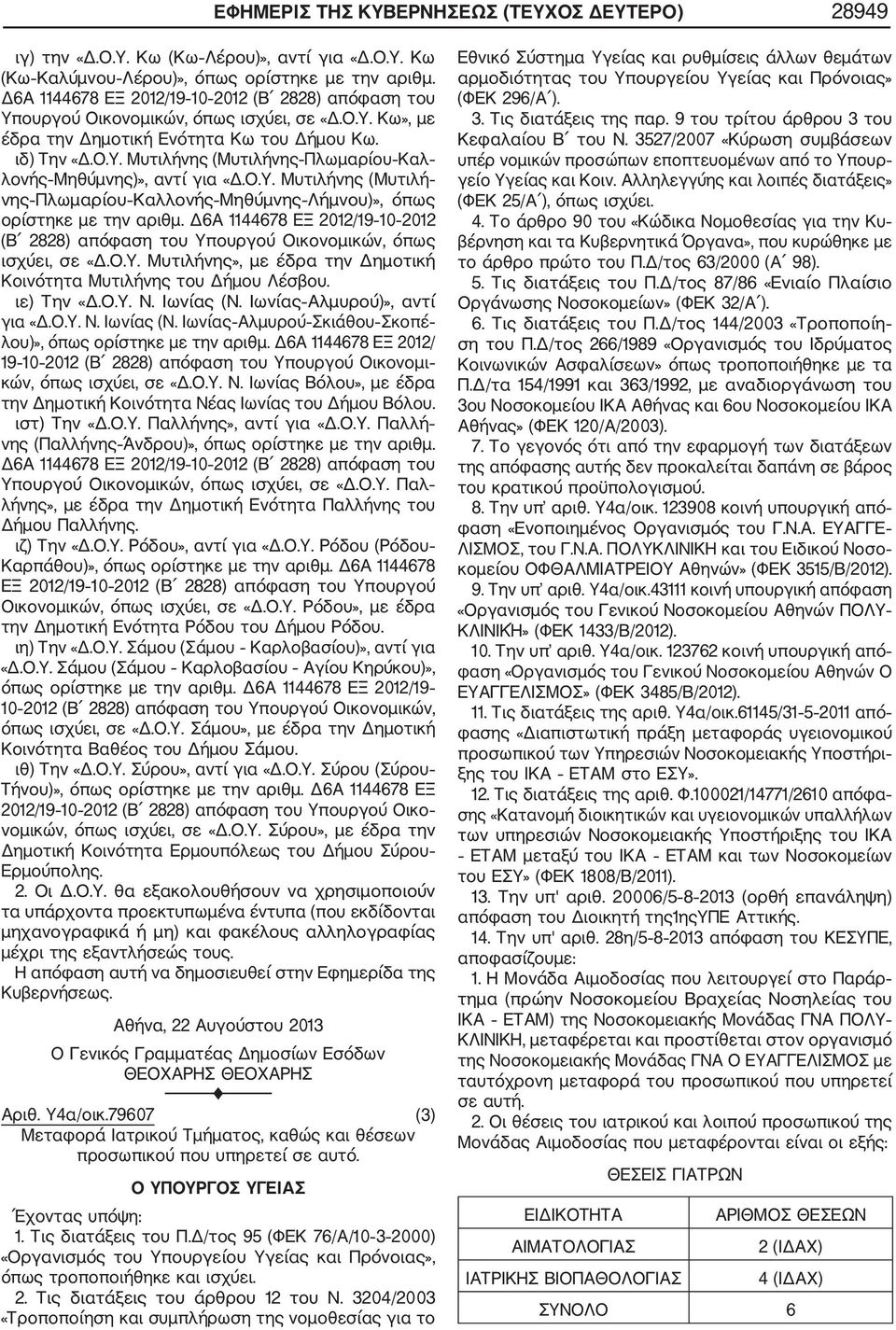 Ο.Υ. Μυτιλήνης (Μυτιλή νης Πλωμαρίου Καλλονής Μηθύμνης Λήμνου)», όπως ορίστηκε με την αριθμ. Δ6Α 1144678 ΕΞ 2012/19 10 2012 (Β 2828) απόφαση του Υπουργού Οικονομικών, όπως ισχύει, σε «Δ.Ο.Υ. Μυτιλήνης», με έδρα την Δημοτική Κοινότητα Μυτιλήνης του Δήμου Λέσβου.