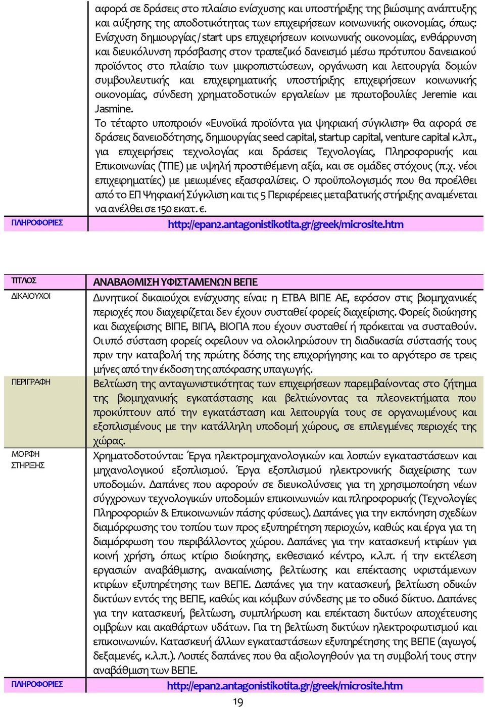 ςυμβουλευτικόσ και επιχειρηματικόσ υποςτόριξησ επιχειρόςεων κοινωνικόσ οικονομύασ, ςύνδεςη χρηματοδοτικών εργαλεύων με πρωτοβουλύεσ Jeremie και Jasmine.