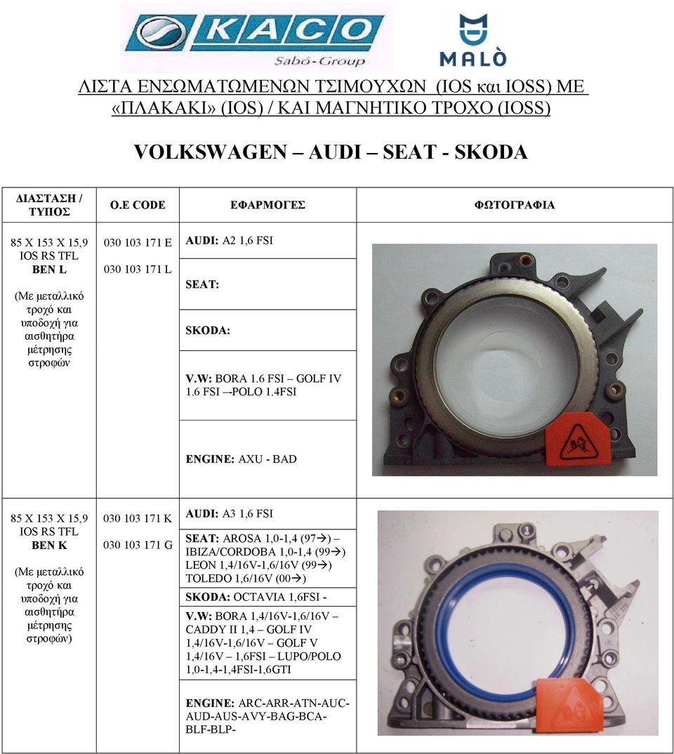 4FSI ENGINE: AXU - BAD 85 X 153 X 15,9 BEN K (Με µεταλλικό τροχό και υποδοχή για αισθητήρα µέτρησης στροφών) 030 103 171 K 030 103 171 G AUDI: A3 1,6 FSI SEAT: AROSA 1,0-1,4 (97 )