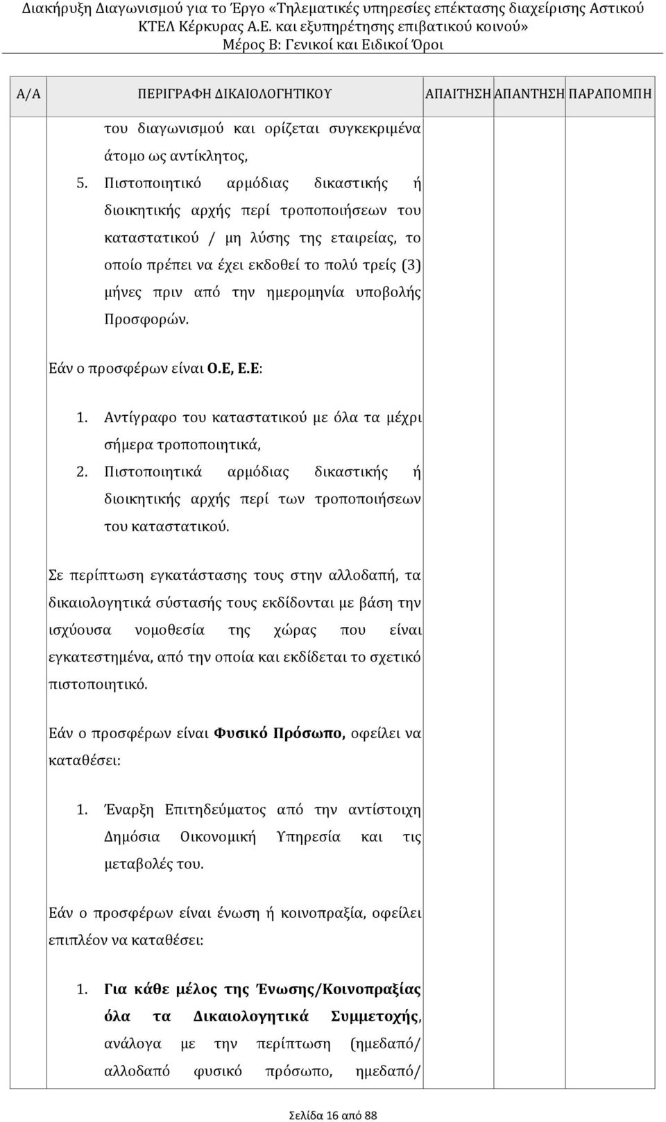 υποβολής Προσφορών. Εάν ο προσφέρων είναι Ο.Ε, Ε.Ε: 1. Αντίγραφο του καταστατικού με όλα τα μέχρι σήμερα τροποποιητικά, 2.