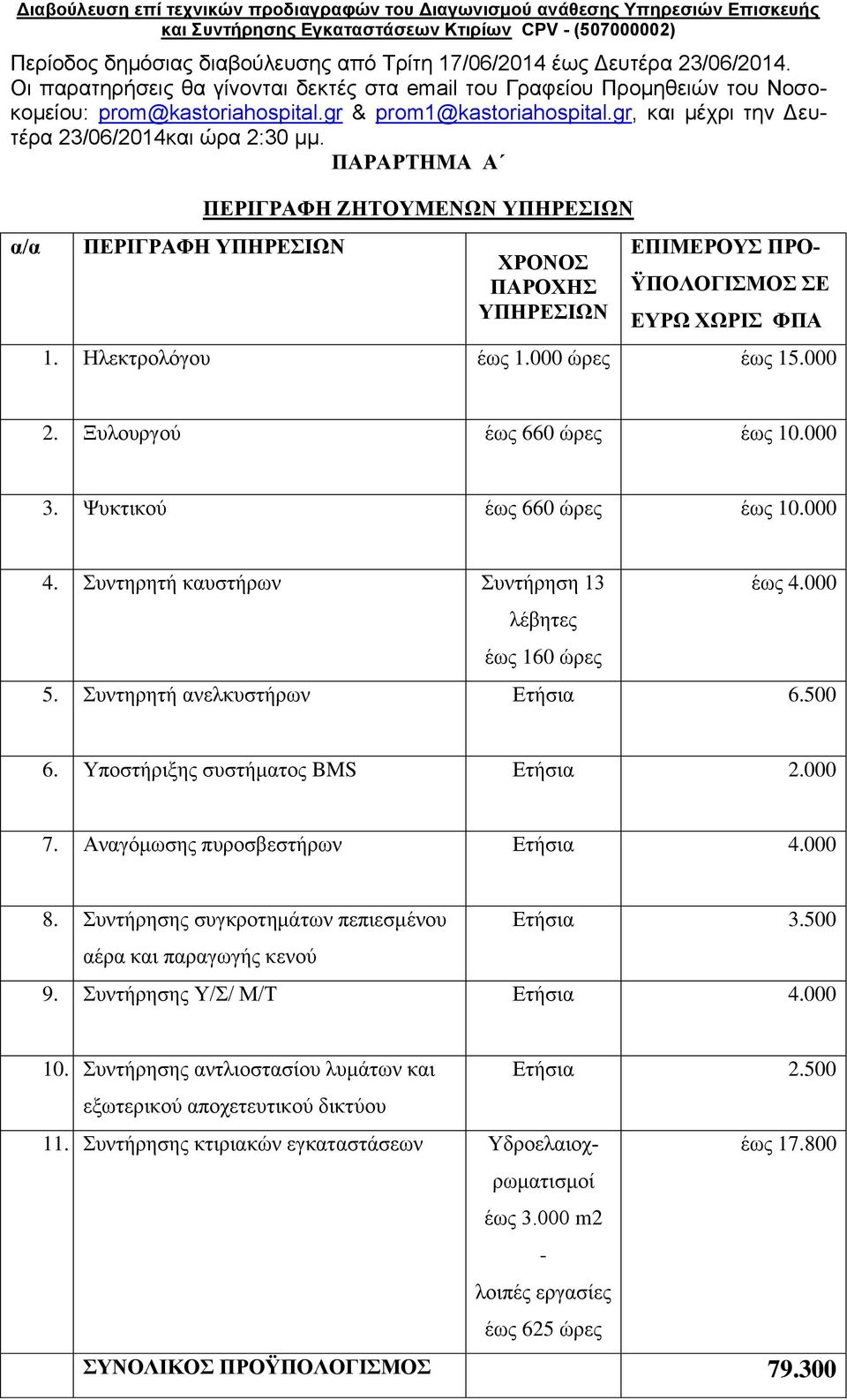 gr, και μέχρι την Δευτέρα 23/06/2014και ώρα 2:30 μμ. ΠΑΡΑΡΤΗΜΑ Α α/α ΠΕΡΙΓΡΑΦΗ ΖΗΤΟΥΜΕΝΩΝ ΥΠΗΡΕΣΙΩΝ ΠΕΡΙΓΡΑΦΗ ΥΠΗΡΕΣΙΩΝ ΧΡΟΝΟΣ ΠΑΡΟΧΗΣ ΥΠΗΡΕΣΙΩΝ ΕΠΙΜΕΡΟΥΣ ΠΡΟ- ΫΠΟΛΟΓΙΣΜΟΣ ΣΕ ΕΥΡΩ ΧΩΡΙΣ ΦΠΑ 1.