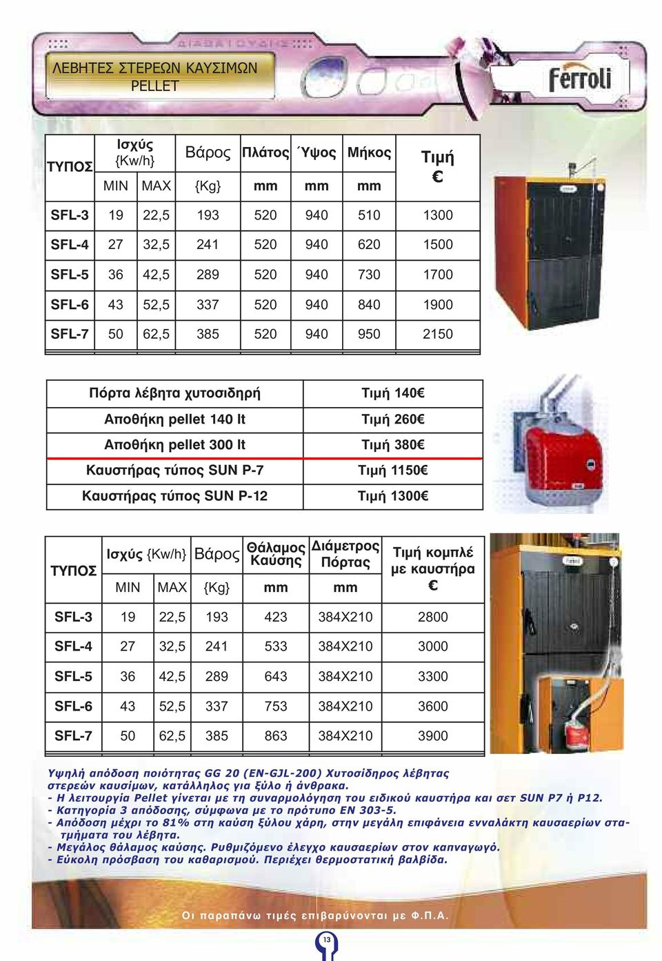 Τιμή 1150 Καυστήρας τύπος SUN P-12 Τιμή 1300 Ισχύς {Kw/h} Bάρος Θάλαμος Καύσης Διάμετρος Πόρτας ΜΙΝ ΜΑΧ {Kg} mm mm Τιμή κομπλέ με καυστήρα SFL-3 19 22,5 193 423 384Χ210 2800 SFL-4 27 32,5 241 533