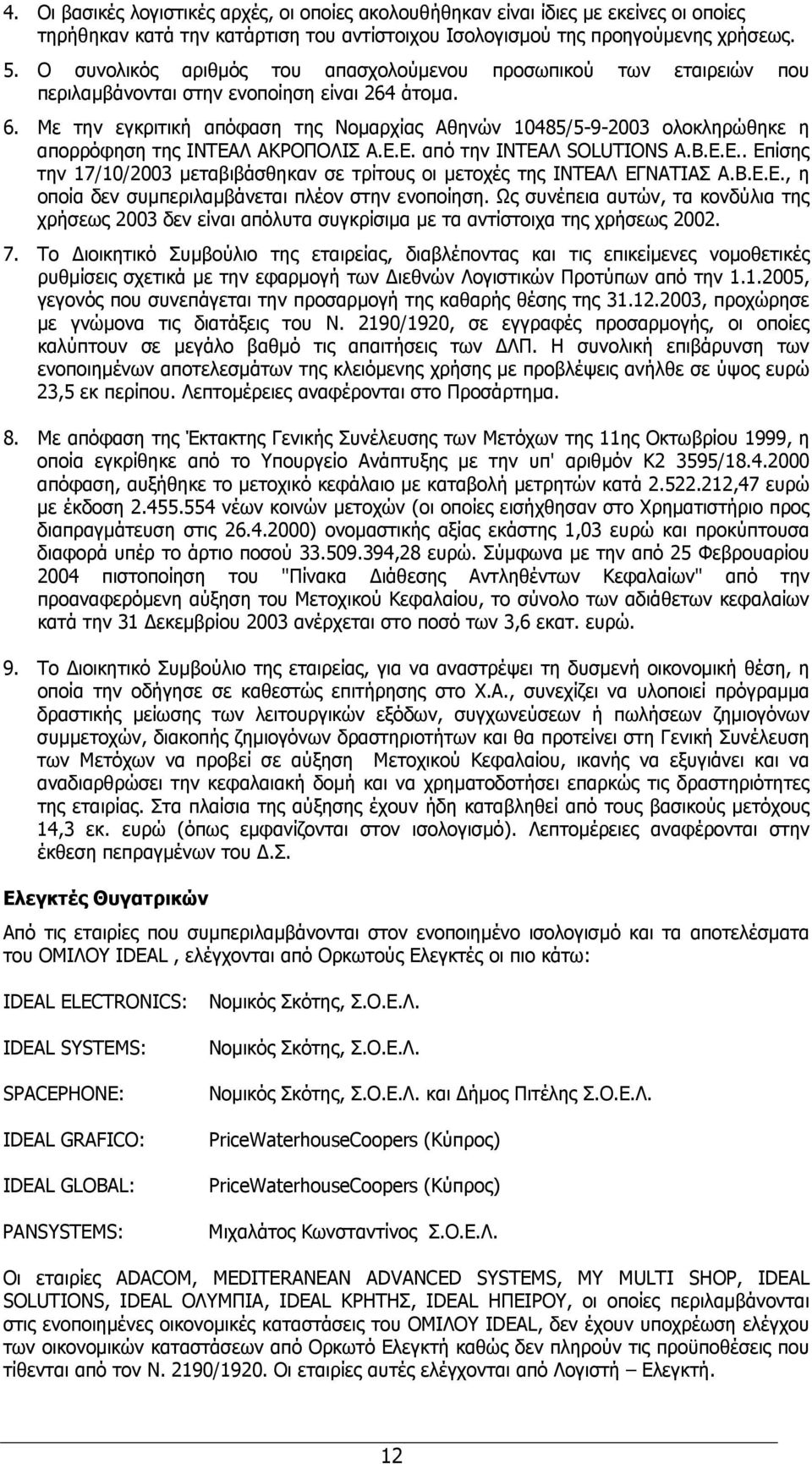 Με την εγκριτική απόφαση της Νοµαρχίας Αθηνών 10485/5-9-2003 ολοκληρώθηκε η απορρόφηση της ΙΝΤΕΑΛ ΑΚΡΟΠΟΛΙΣ Α.Ε.Ε. από την ΙΝΤΕΑΛ SOLUTIONS A.B.E.