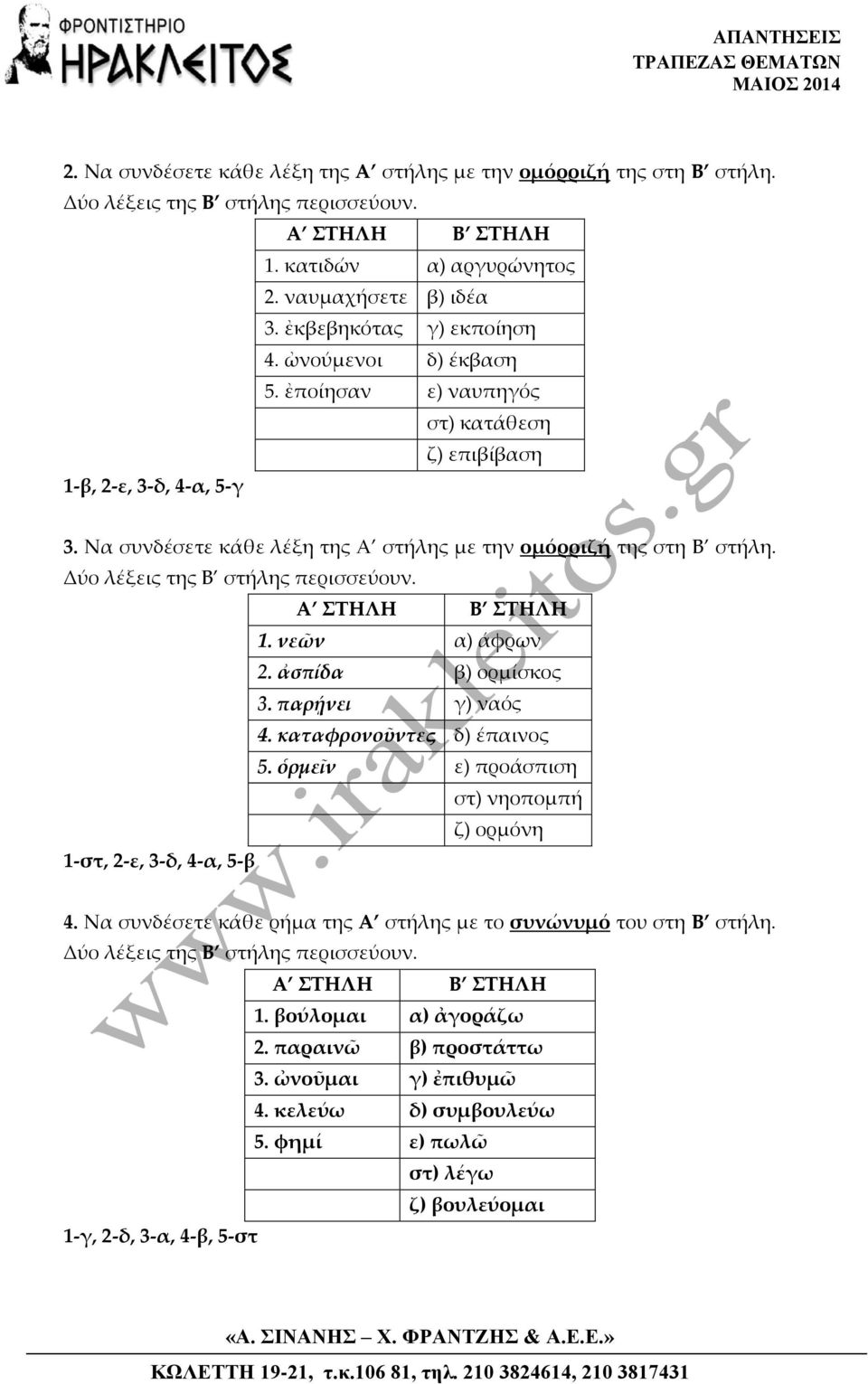 Δύο λέξεις της Β στήλης περισσεύουν. 1. νεῶν α) άφρων 2. ἀσπίδα β) ορμίσκος 3. παρῄνει γ) ναός 4. καταφρονοῦντες δ) έπαινος 5. ὁρμεῖν ε) προάσπιση στ) νηοπομπή ζ) ορμόνη 1-στ, 2-ε, 3-δ, 4-α, 5-β 4.