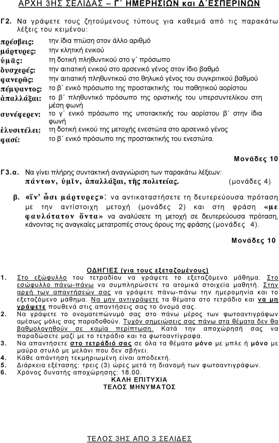 δυσχερές: την αιτιατική ενικού στο αρσενικό γένος στον ίδιο βαθμό φανερῶς: την αιτιατική πληθυντικού στο θηλυκό γένος του συγκριτικού βαθμού πέμψαντος: το β ενικό πρόσωπο της προστακτικής του