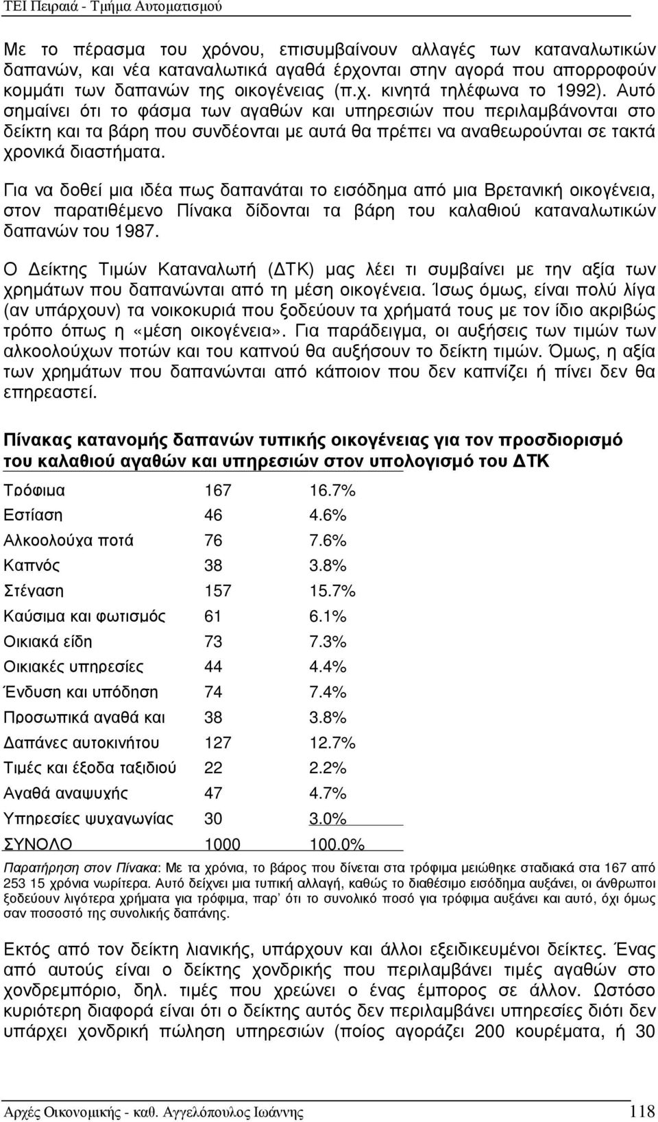 Για να δοθεί µια ιδέα πως δαπανάται το εισόδηµα από µια Βρετανική οικογένεια, στον παρατιθέµενο Πίνακα δίδονται τα βάρη του καλαθιού καταναλωτικών δαπανών του 1987.