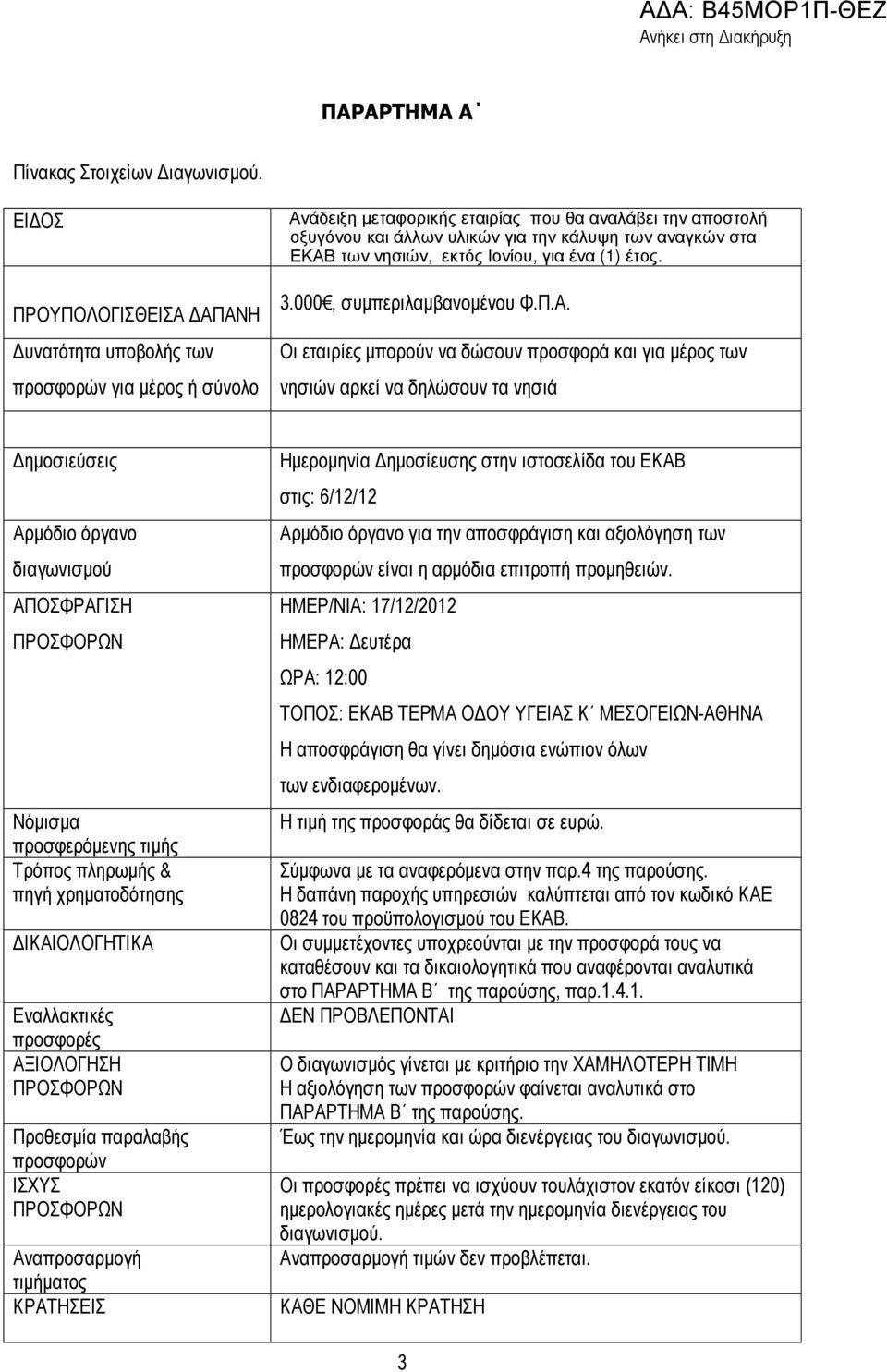 ΕΚΑΒ των νησιών, εκτός Ιονίου, για ένα (1) έτος. 3.000, συµπεριλαµβανοµένου Φ.Π.Α. Οι εταιρίες µπορούν να δώσουν προσφορά και για µέρος των νησιών αρκεί να δηλώσουν τα νησιά ηµοσιεύσεις Αρµόδιο