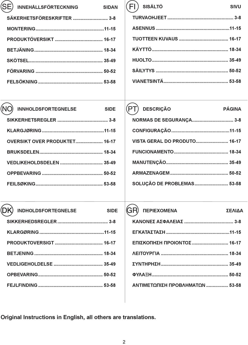 ..-5 OVERSIKT OVER PRODUKTET... 6-7 BRUKSDELEN... 8-34 VEDLIKEHOLDSDELEN... 35-49 OPPBEVARING... 50-52 FEILSØKING... 53-58 NORMAS DE SEGURANÇA... 3-8 CONFIGURAÇÃO...-5 VISTA GERAL DO PRODUTO.