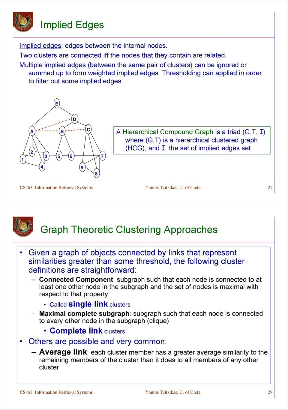 Thresholding can applied in order to filter out some implied edges E D 1 A B C 2 3 5 6 7 4 9 8 A Hierarchical Compound Graph is a triad (G,T, I) where (G,T) is a hierarchical clustered graph (HCG),