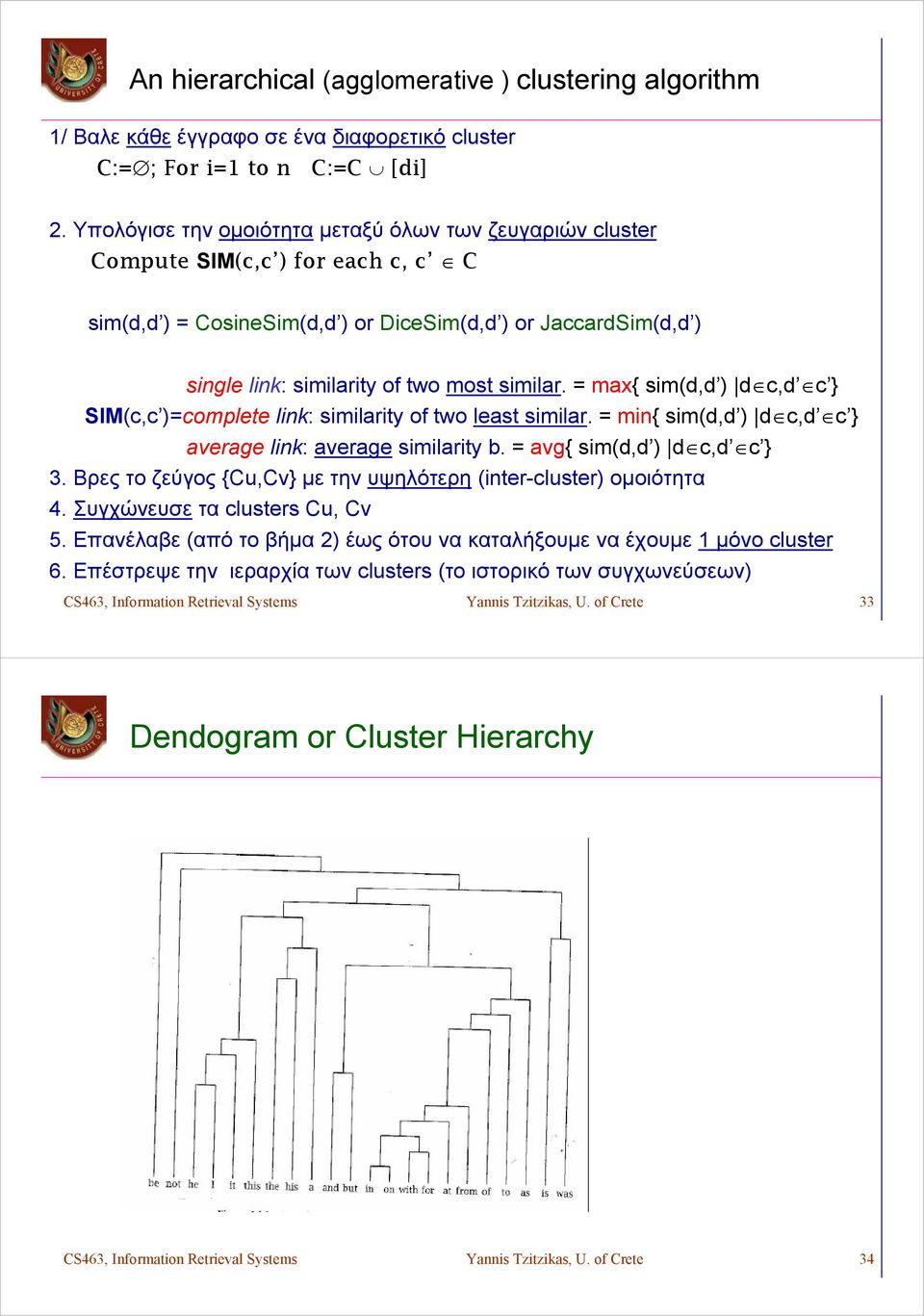 similar. = max{ sim(d,d ) d c,d c } SIM(c,c )=complete link: similarity of two least similar. = min{ sim(d,d ) d c,d c } average link: average similarity b. = avg{ sim(d,d ) d c,d c } 3.