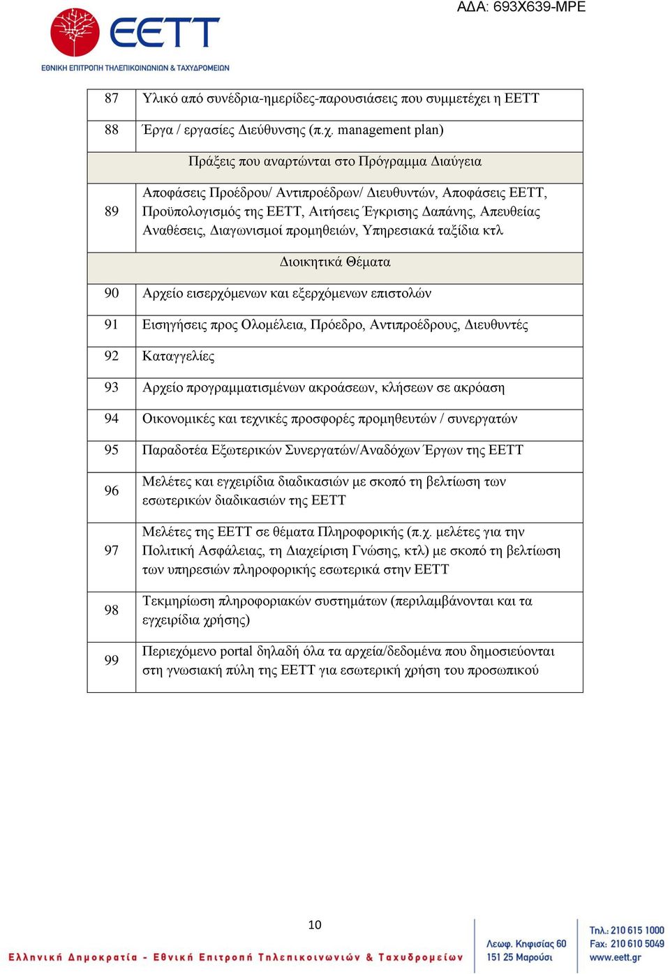 management plan) Πράξεις που αναρτώνται στο Πρόγραμμα Διαύγεια 89 Αποφάσεις Προέδρου/ Αντιπροέδρων/ Διευθυντών, Αποφάσεις ΕΕΤΤ, Προϋπολογισμός της ΕΕΤΤ, Αιτήσεις Έγκρισης Δαπάνης, Απευθείας