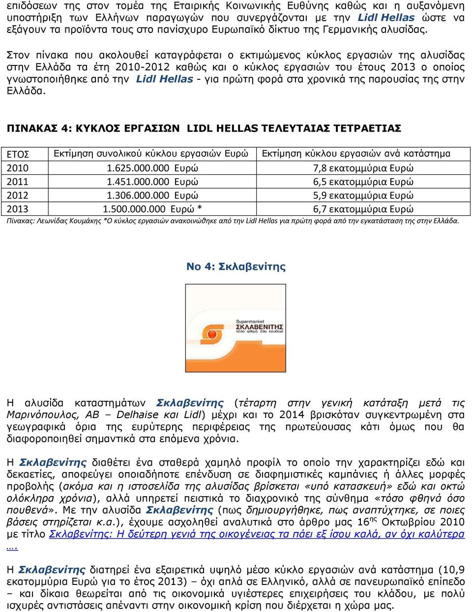 Στον πίνακα που ακολουθεί καταγράφεται ο εκτιμώμενος κύκλος εργασιών της αλυσίδας στην Ελλάδα τα έτη 2010-2012 καθώς και ο κύκλος εργασιών του έτους 2013 ο οποίος γνωστοποιήθηκε από την Lidl Hellas -