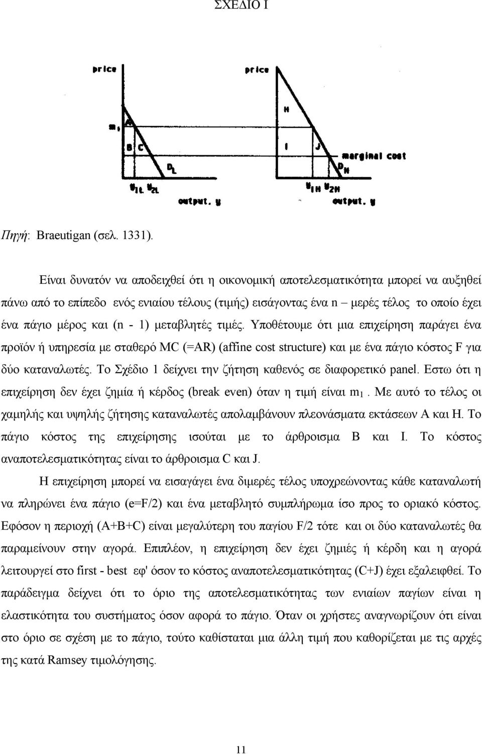 1) μεταβλητές τιμές. Υποθέτουμε ότι μια επιχείρηση παράγει ένα προϊόν ή υπηρεσία με σταθερό ΜC (=AR) (affine cost structure) και με ένα πάγιο κόστος F για δύο καταναλωτές.