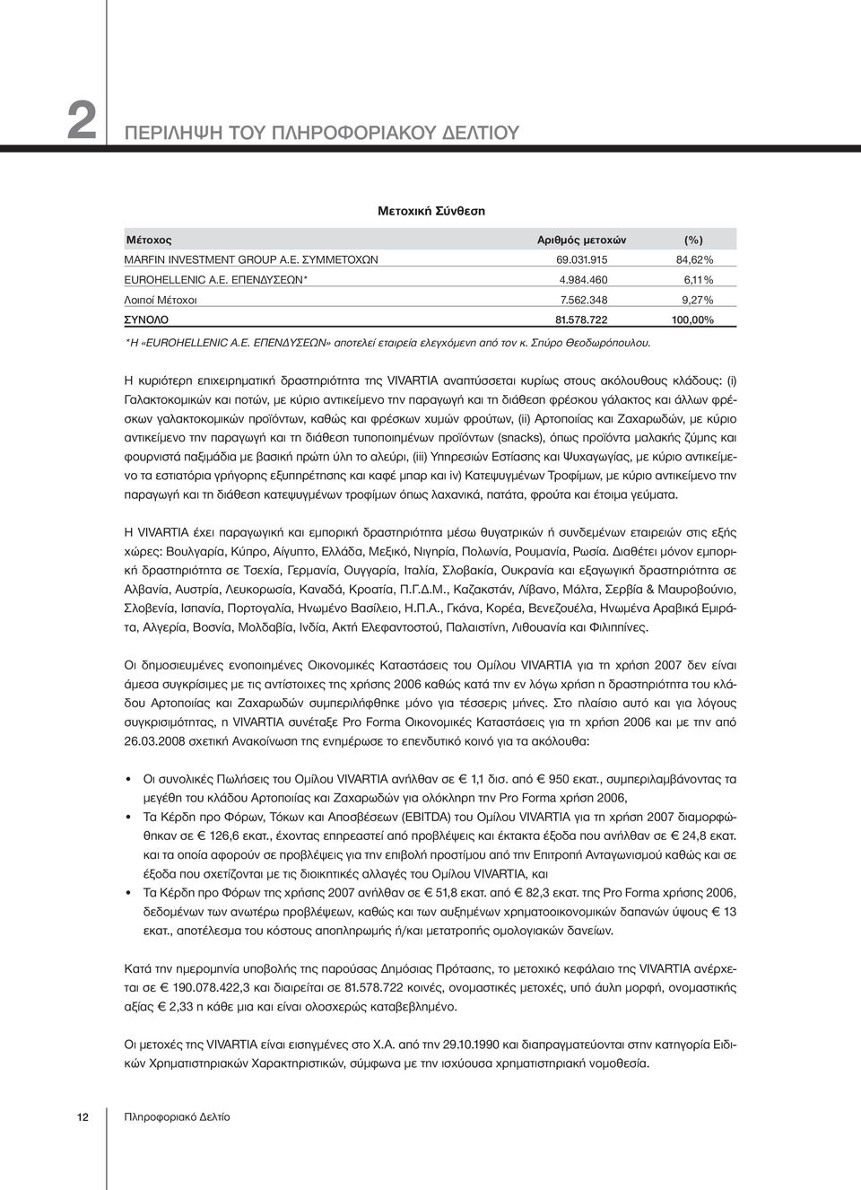 Η κυριότερη επιχειρηματική δραστηριότητα της VIVARTIA αναπτύσσεται κυρίως στους ακόλουθους κλάδους: (i) Γαλακτοκομικών και ποτών, με κύριο αντικείμενο την παραγωγή και τη διάθεση φρέσκου γάλακτος και