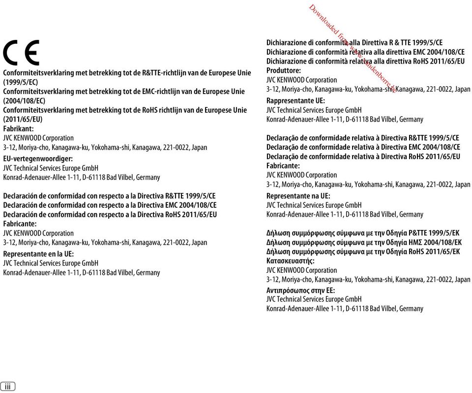 Japan EU-vertegenwoordiger: JVC Technical Services Europe GmbH Konrad-Adenauer-Allee 1-11, D-61118 Bad Vilbel, Germany Declaración de conformidad con respecto a la Directiva R&TTE 1999/5/CE