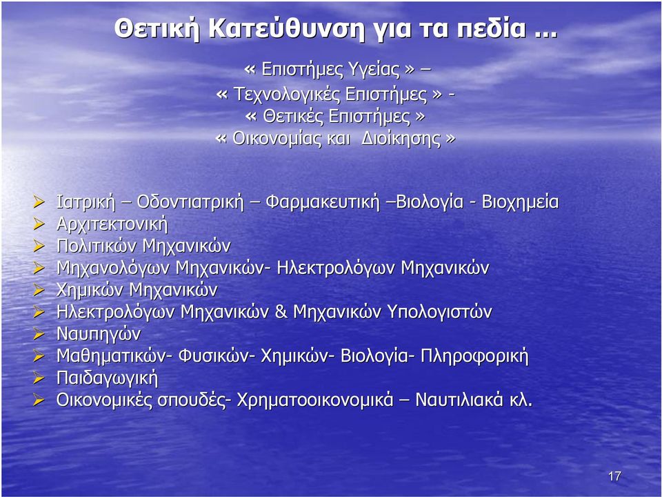 Οδοντιατρική Φαρμακευτική Βιολογία - Βιοχημεία Αρχιτεκτονική Πολιτικών Μηχανικών Μηχανολόγων Μηχανικών-