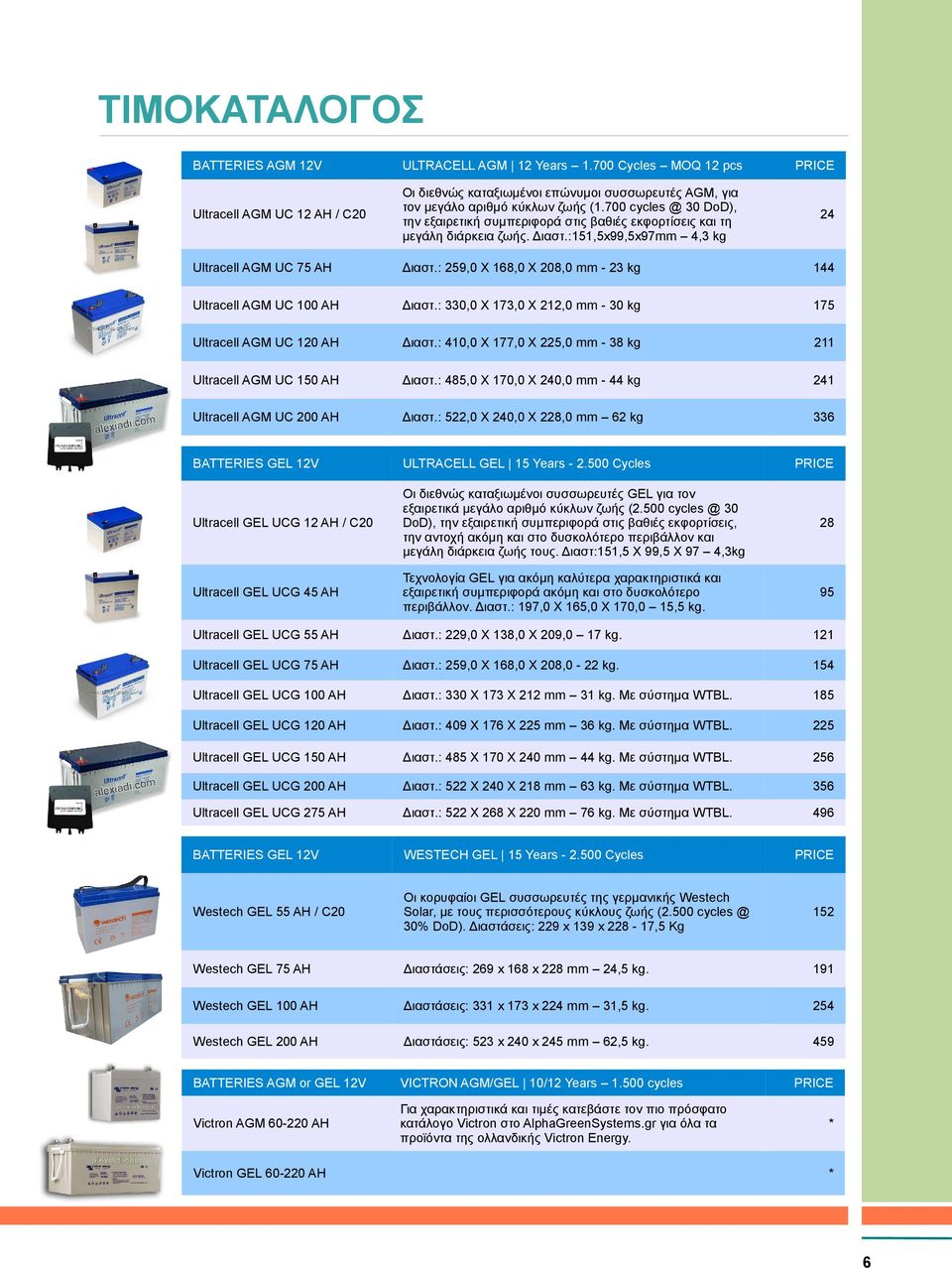 : 259,0 Χ 168,0 Χ 208,0 mm - 23 kg 144 Ultracell AGM UC 100 AH Διαστ.: 330,0 Χ 173,0 Χ 212,0 mm - 30 kg 175 Ultracell AGM UC 120 AH Διαστ.