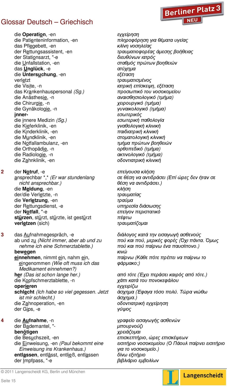 ) die Kieferklinik, -en die Kinderklinik, -en die Mundklinik, -en die Notfallambulanz, -en die Orthopädie, -n die Radiologie, -n die Zahnklinik, -en εγχείρηση πληροφόρηση για θέµατα υγείας κλίνη