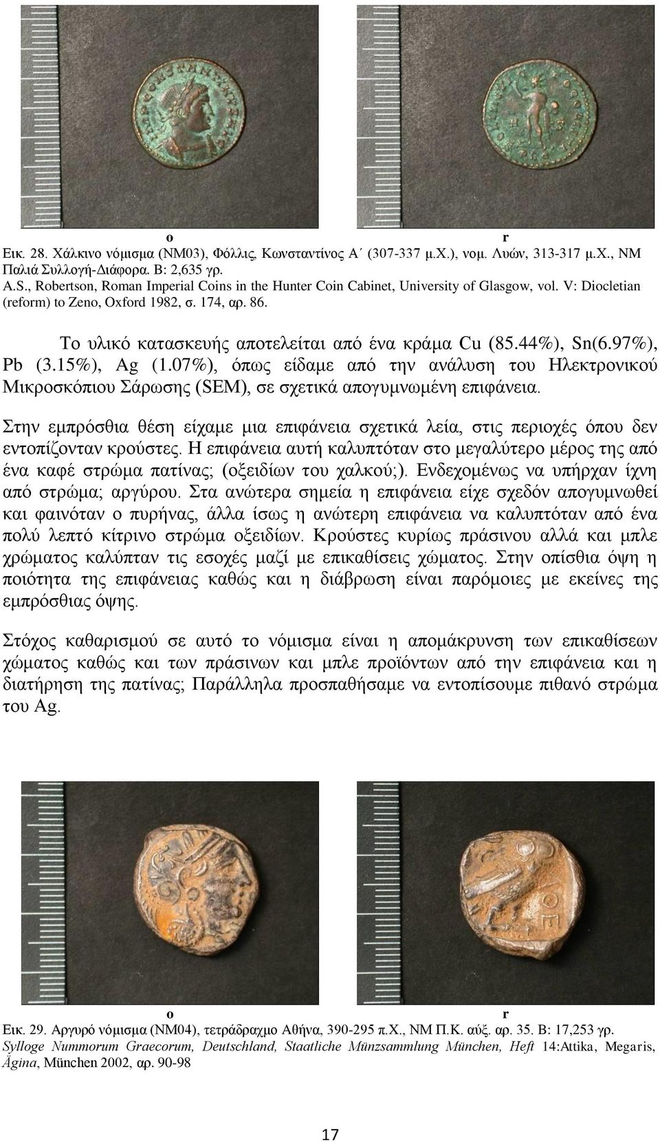 Το υλικό κατασκευής αποτελείται από ένα κράμα Cu (85.44%), Sn(6.97%), Pb (3.15%), (1.07%), όπως είδαμε από την ανάλυση του Ηλεκτρονικού Μικροσκόπιου Σάρωσης (SEM), σε σχετικά απογυμνωμένη επιφάνεια.