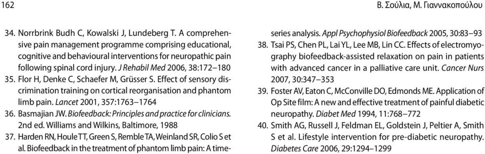 Flor H, Denke C, Schaefer M, Grüsser S. Effect of sensory discrimination training on cortical reorganisation and phantom limb pain. Lancet 2001, 357:1763 1764 36. Basmajian JW.