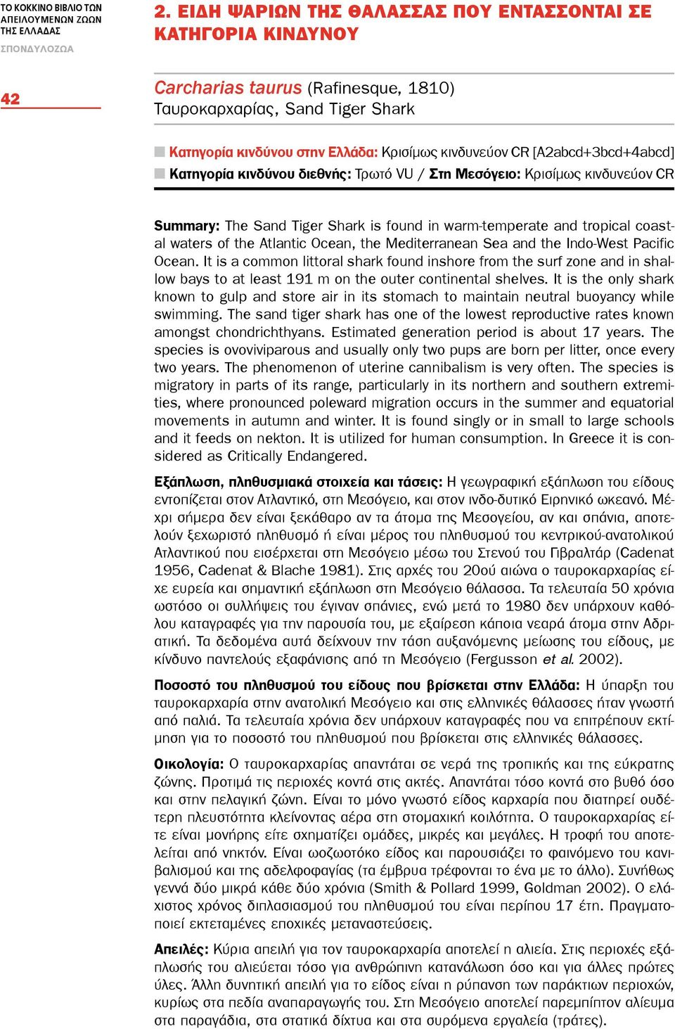 [A2abcd+3bcd+4abcd] Κατηγορία κινδύνου διεθνής: Τρωτό VU / Στη Μεσόγειο: Κρισίμως κινδυνεύον CR Summary: The Sand Tiger Shark is found in warm-temperate and tropical coastal waters of the Atlantic