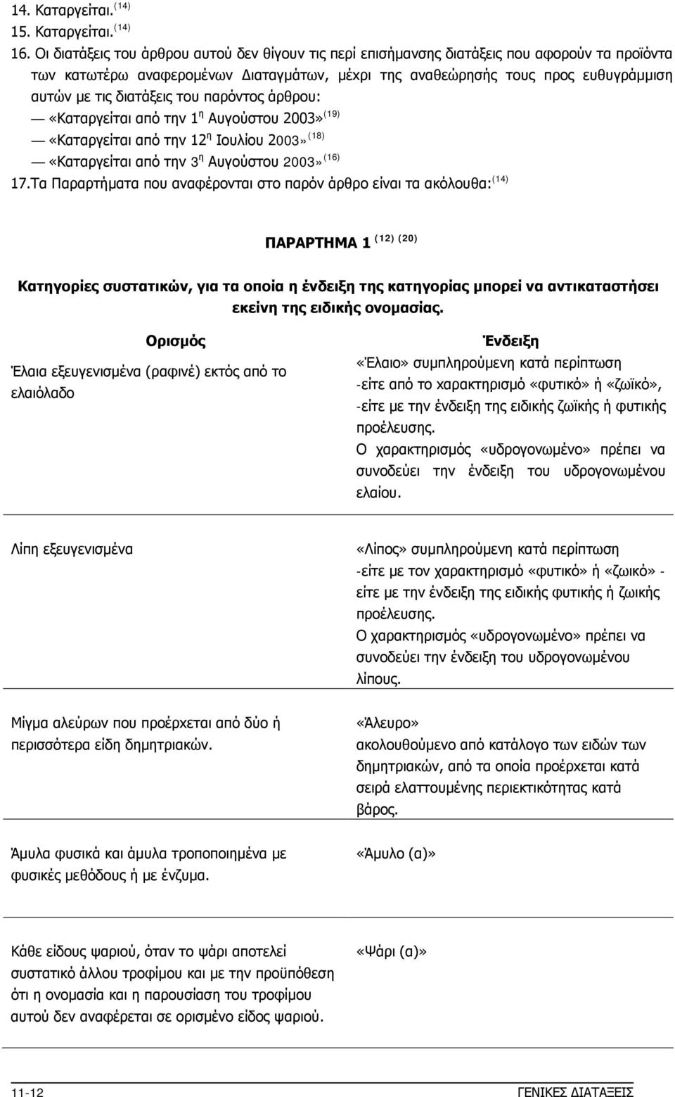 διατάξεις τoυ παρόντoς άρθρoυ: «Καταργείται από την 1 η Αυγούστου 2003» (19) «Καταργείται από την 12 η Ιουλίου 2003» (18) «Καταργείται από την 3 η Αυγούστου 2003» (16) 17.